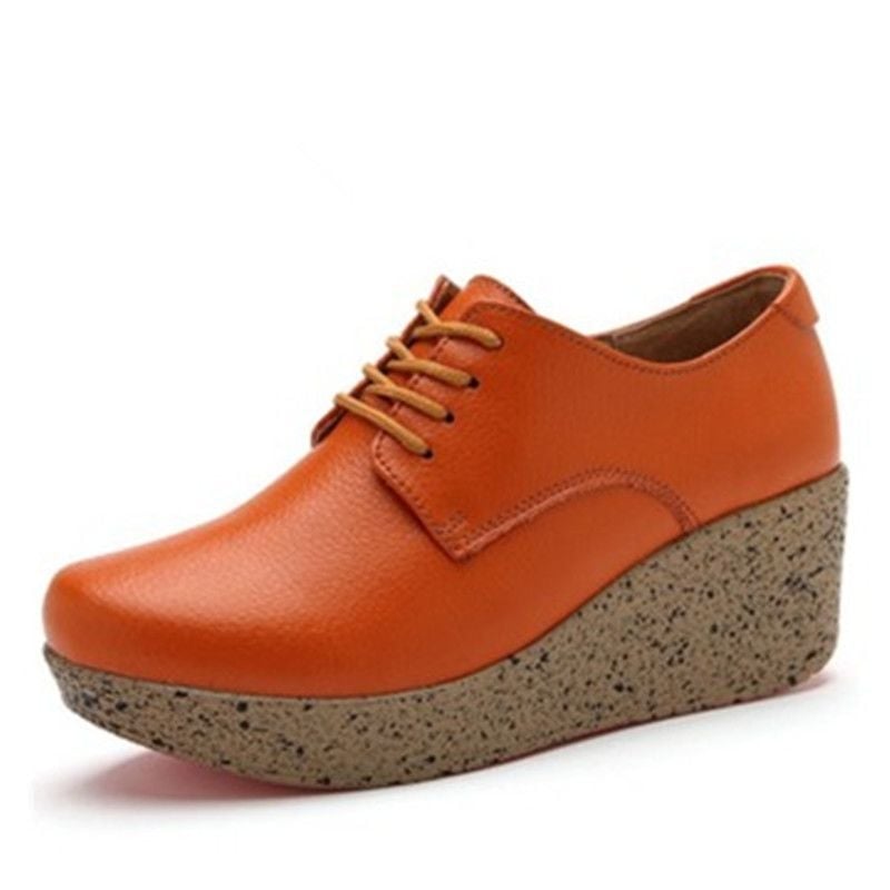 Pantofi dama din piele naturală, șireturi, platformă cu toc mic, talpă antiderapantă, casual pentru zi cu zi