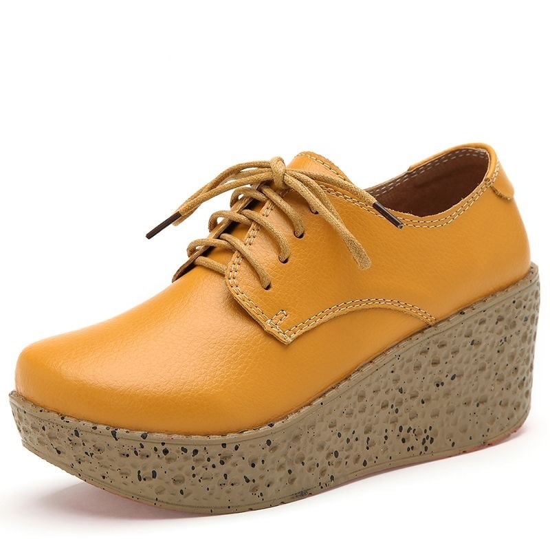 Pantofi dama din piele naturală, șireturi, platformă cu toc mic, talpă antiderapantă, casual pentru zi cu zi