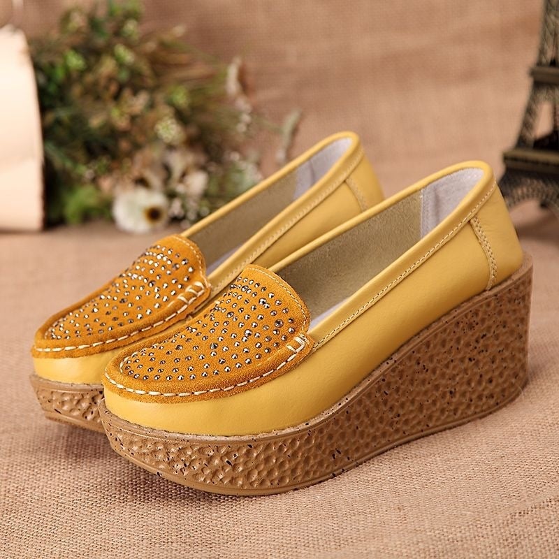 Pantofi dama din piele naturală, șireturi, platformă cu toc mic, talpă antiderapantă, casual pentru zi cu zi
