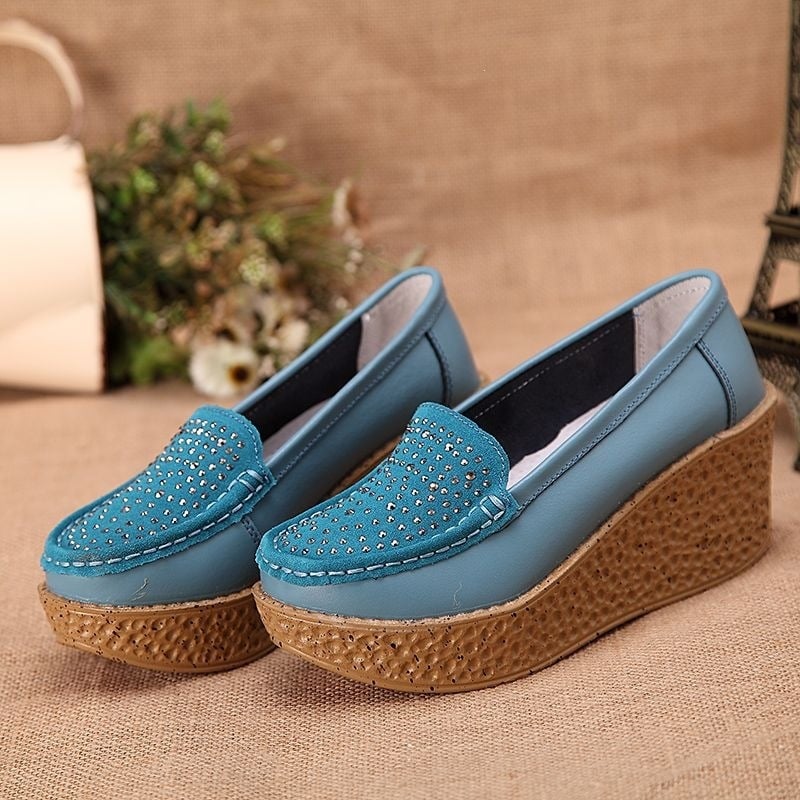 Pantofi dama din piele naturală, șireturi, platformă cu toc mic, talpă antiderapantă, casual pentru zi cu zi