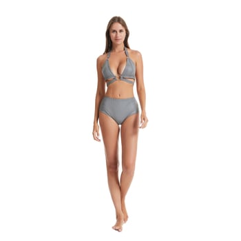 Két részes bikini szett színes fényvisszaverő mintával, nyakba kötött halterneck, mély kivágású felsőrész, strandoláshoz