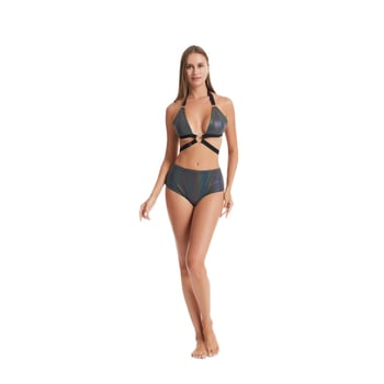 Két részes bikini szett színes fényvisszaverő mintával, nyakba kötött halterneck, mély kivágású felsőrész, strandoláshoz