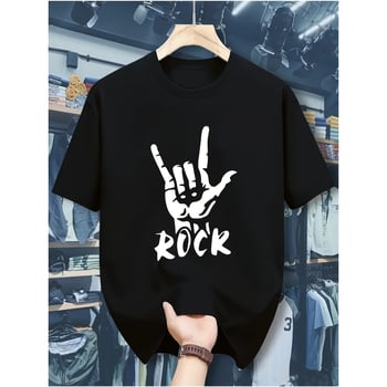 Férfi pamut póló rock gesztus grafika, laza fazon, kerek nyakú, rövid ujjú.