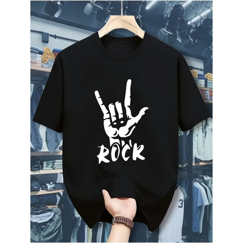 Férfi pamut póló rock gesztus grafika, laza fazon, kerek nyakú, rövid ujjú.