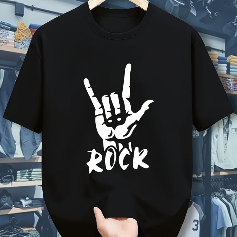 Férfi pamut póló rock gesztus grafika, laza fazon, kerek nyakú, rövid ujjú.
