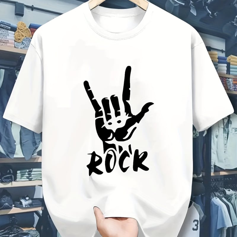 Férfi pamut póló rock gesztus grafika, laza fazon, kerek nyakú, rövid ujjú.