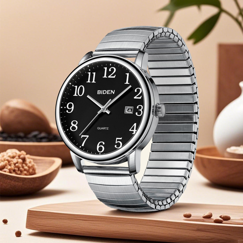 Biden pánske quartz hodinky, vodotesné do 30 m, obchodný štýl, kruhový ciferník 38 mm, model 0404a, puzdro zliatiny, kovový remienok.