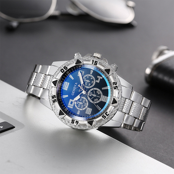 Pánske quartz hodinky s oceľovým remienkom, modré sklo, viacfunkčné s tromi podciferníkmi