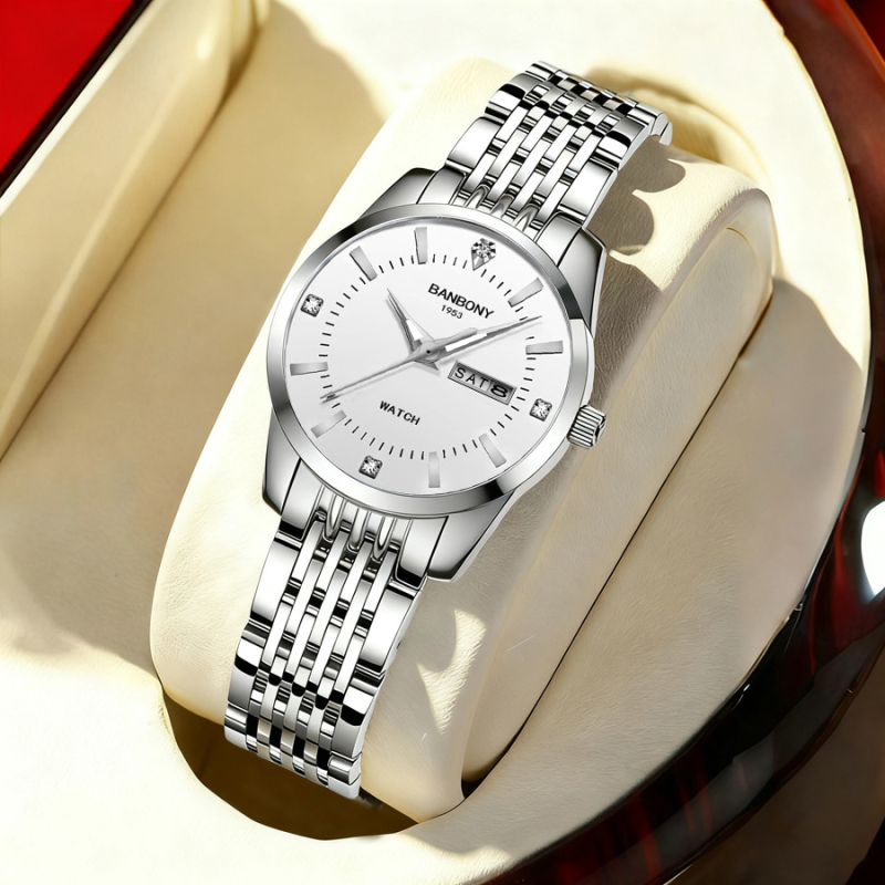 Fourorn B970 Dámske módne quartz hodinky, kruhový ciferník 30 mm, hrúbka 9 mm, remienok z ušľachtilej ocele, kalendár a zobrazenie dňa, vodotesnosť 10 m