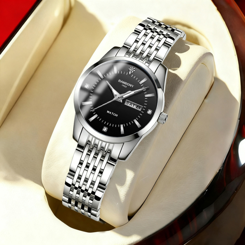 Fourorn B970 Dámske módne quartz hodinky, kruhový ciferník 30 mm, hrúbka 9 mm, remienok z ušľachtilej ocele, kalendár a zobrazenie dňa, vodotesnosť 10 m