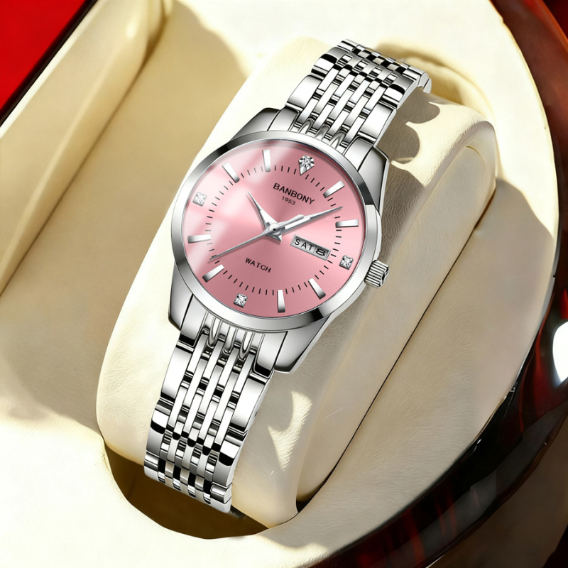 Fourorn B970 Dámske módne quartz hodinky, kruhový ciferník 30 mm, hrúbka 9 mm, remienok z ušľachtilej ocele, kalendár a zobrazenie dňa, vodotesnosť 10 m