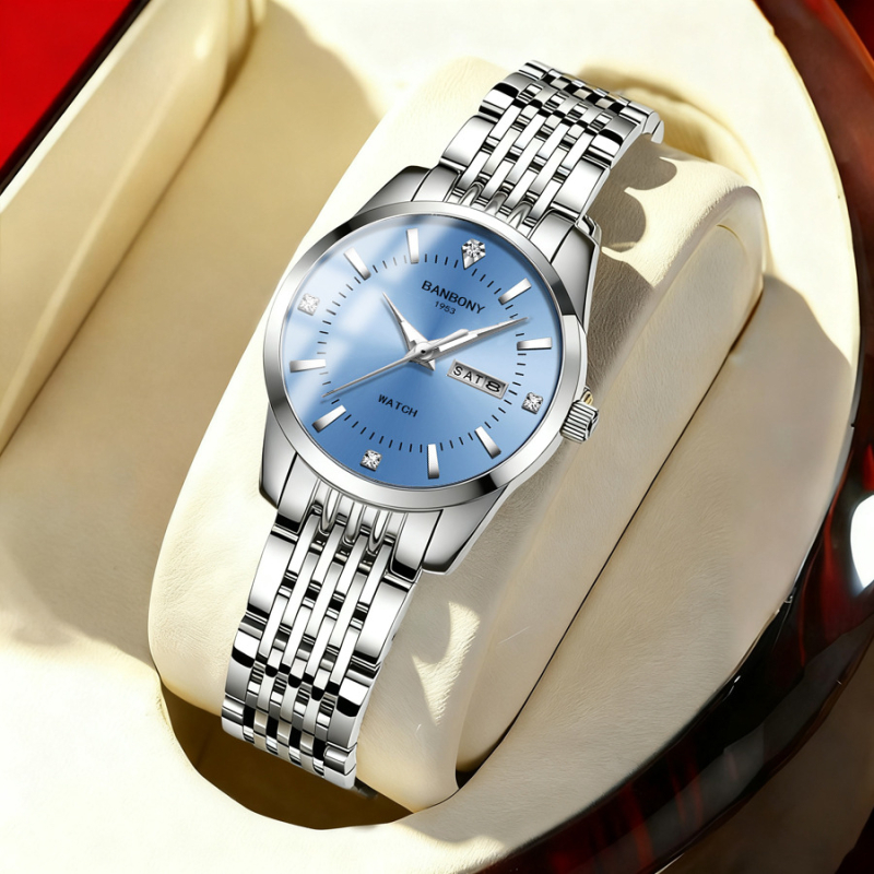 Fourorn B970 Dámske módne quartz hodinky, kruhový ciferník 30 mm, hrúbka 9 mm, remienok z ušľachtilej ocele, kalendár a zobrazenie dňa, vodotesnosť 10 m