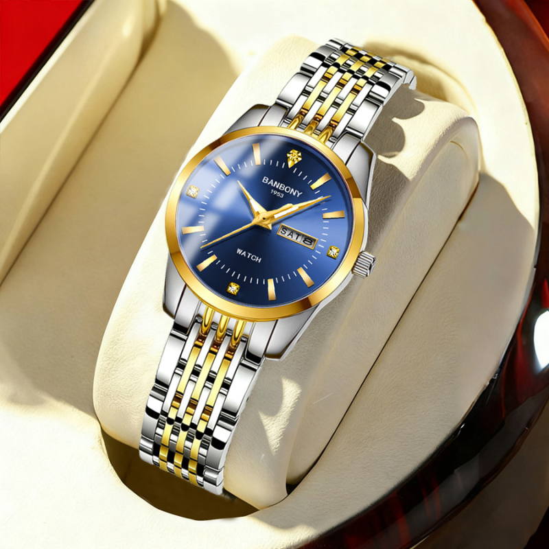Fourorn B970 Dámske módne quartz hodinky, kruhový ciferník 30 mm, hrúbka 9 mm, remienok z ušľachtilej ocele, kalendár a zobrazenie dňa, vodotesnosť 10 m