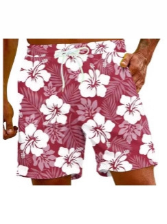 Imprimeu 3D cu hibiscus roșu, șorturi de baie pentru bărbați cu croială lejeră, uscare rapidă pentru vară