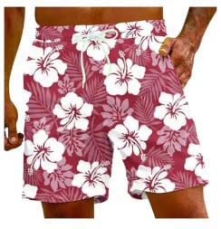 Imprimeu 3D cu hibiscus roșu, șorturi de baie pentru bărbați cu croială lejeră, uscare rapidă pentru vară