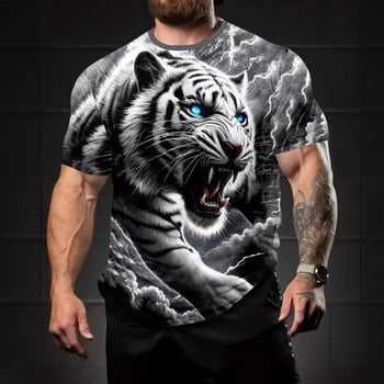 Tricou bărbați cu imprimeu 3D tigru, mâneci scurte, respirabil, uscare rapidă, vară