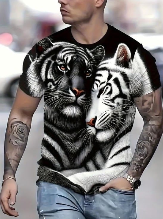 Tricou bărbați cu imprimeu 3D tigru, mâneci scurte, respirabil, uscare rapidă, vară