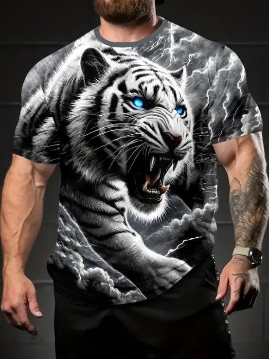 Tricou bărbați cu imprimeu 3D tigru, mâneci scurte, respirabil, uscare rapidă, vară