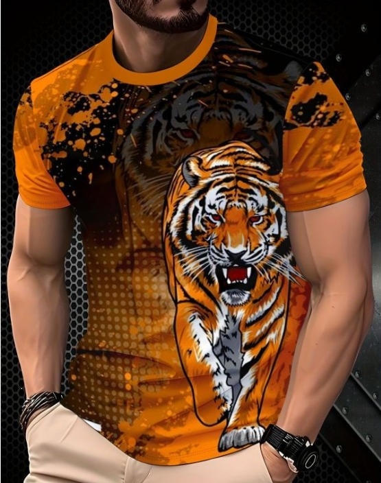 Tricou bărbați cu imprimeu 3D tigru, mâneci scurte, respirabil, uscare rapidă, vară