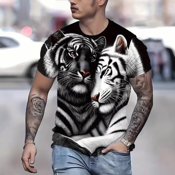 Tricou bărbați cu imprimeu 3D tigru, mâneci scurte, respirabil, uscare rapidă, vară