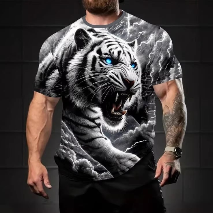 Tricou bărbați cu imprimeu 3D tigru, mâneci scurte, respirabil, uscare rapidă, vară