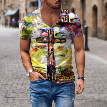 Tricou pentru bărbați cu decolteu în V, imprimare digitală 3D și model cu cruce