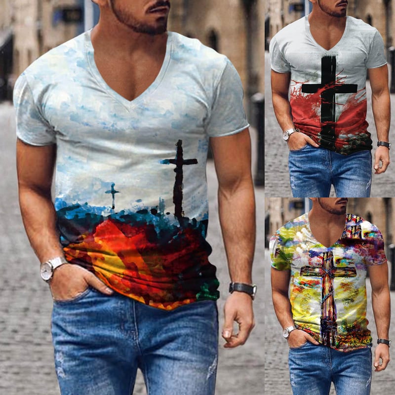 Tricou pentru bărbați cu decolteu în V, imprimare digitală 3D și model cu cruce
