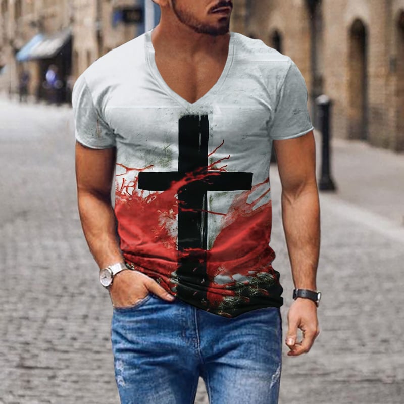 Tricou pentru bărbați cu decolteu în V, imprimare digitală 3D și model cu cruce