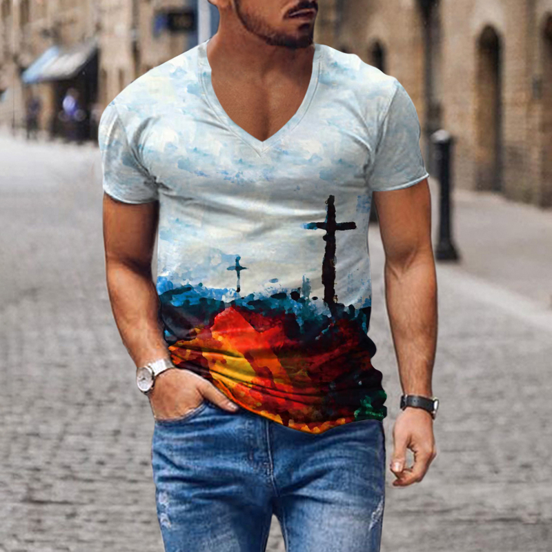 Tricou pentru bărbați cu decolteu în V, imprimare digitală 3D și model cu cruce
