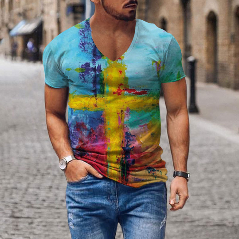Tricou pentru bărbați cu decolteu în V, imprimare digitală 3D și model cu cruce