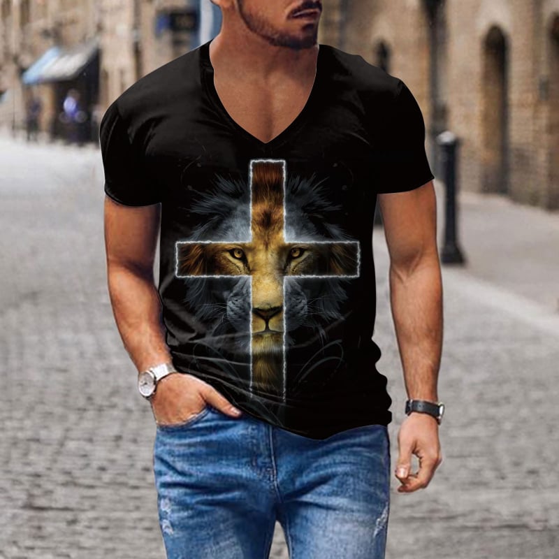 Tricou pentru bărbați cu decolteu în V, imprimare digitală 3D și model cu cruce