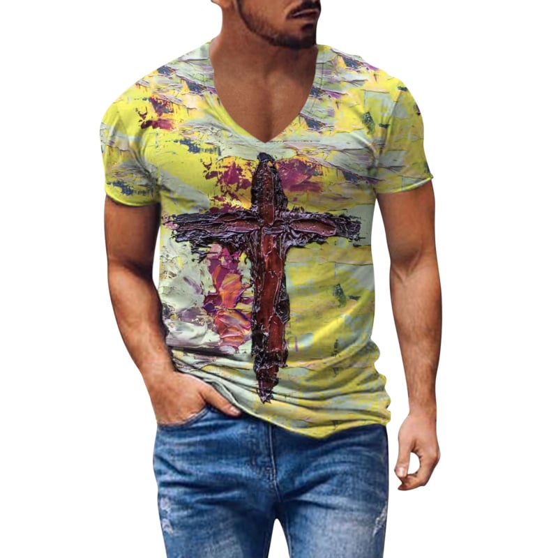 Tricou pentru bărbați cu decolteu în V, imprimare digitală 3D și model cu cruce