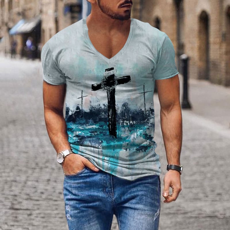 Tricou pentru bărbați cu decolteu în V, imprimare digitală 3D și model cu cruce