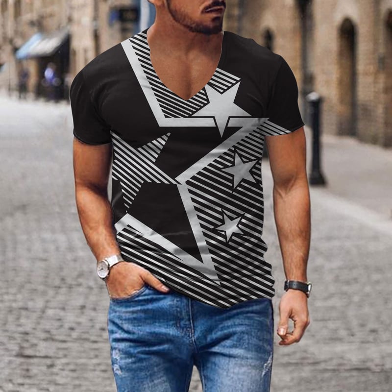 Tricou pentru bărbați cu decolteu în V, imprimare digitală 3D și model cu cruce
