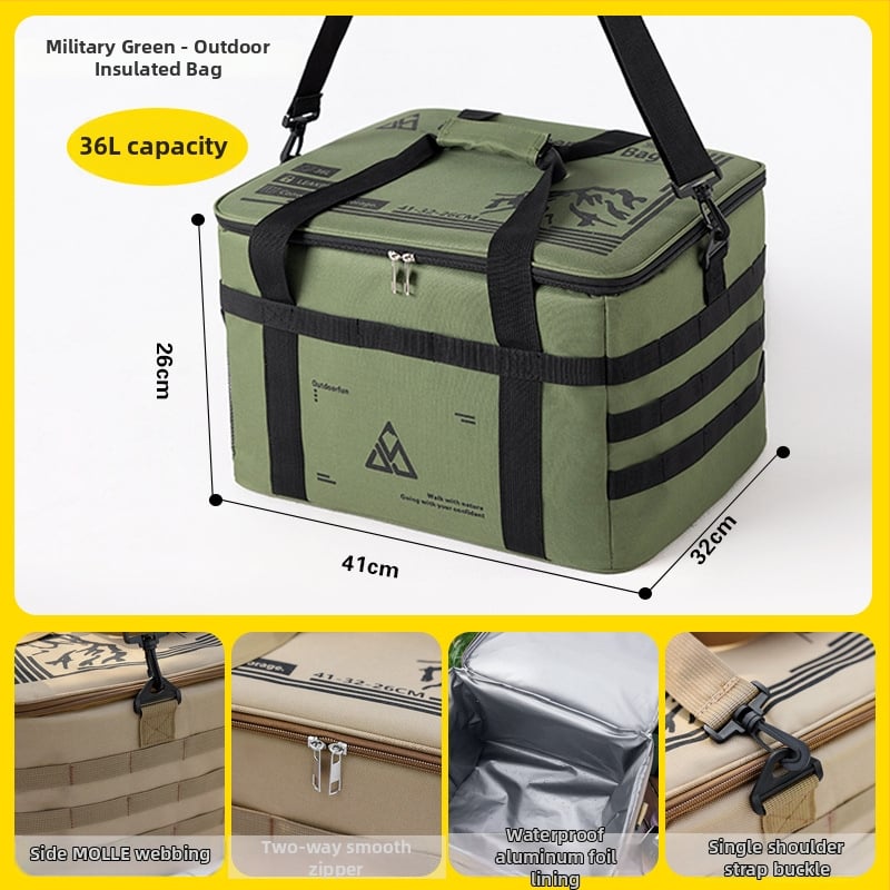 Nagy kapacitású hőszigetelt táska kempingezéshez, crossbody vállpánttal, vízálló ebédtáska