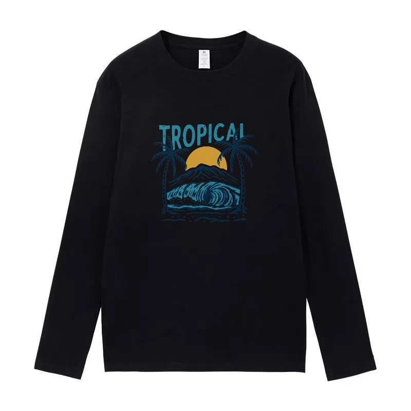 Tricou cu mânecă lungă din bumbac 100% cu imprimare plajă la apus, guler rotund, croială lejeră, pentru bărbați