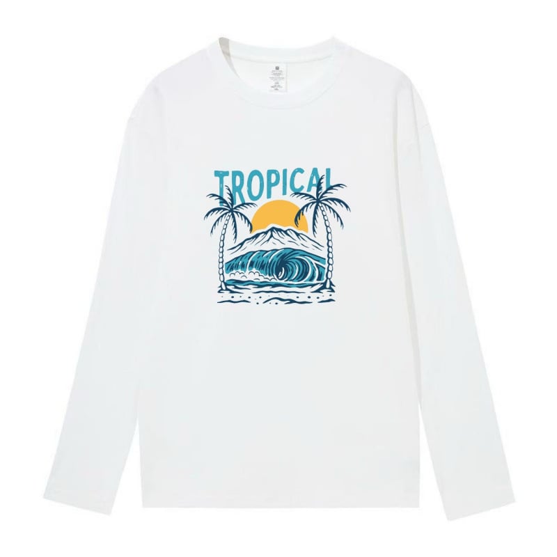 Tricou cu mânecă lungă din bumbac 100% cu imprimare plajă la apus, guler rotund, croială lejeră, pentru bărbați