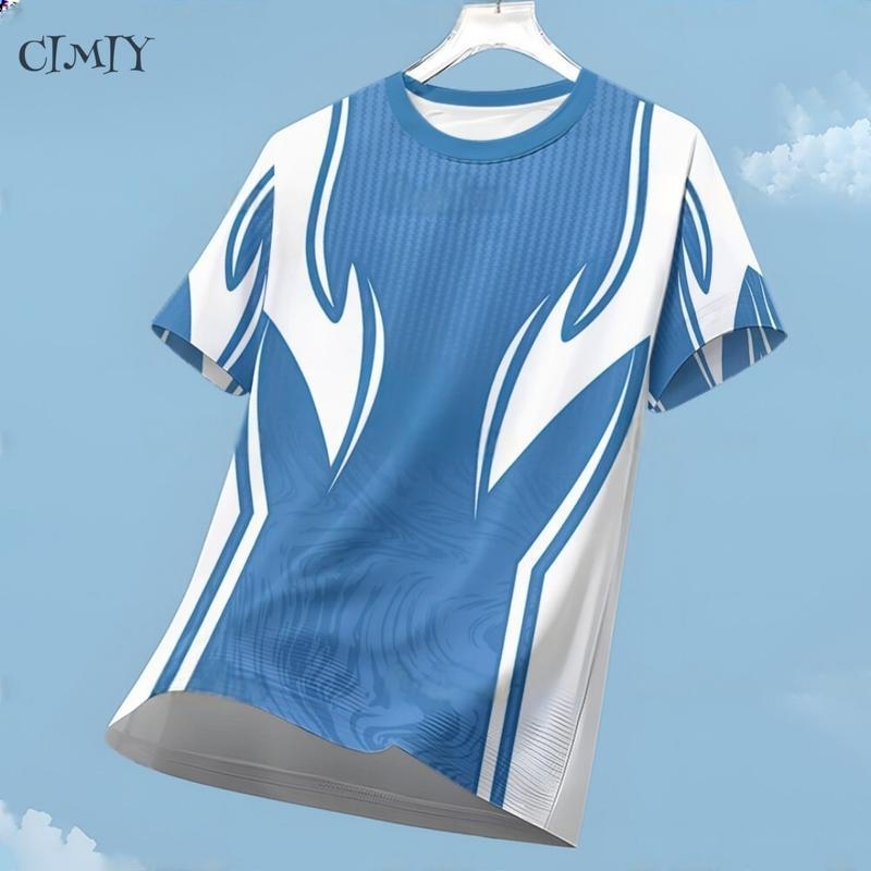 Tricou sport cu mâneci scurte, respirabil, uscare rapidă, imprimeu geometric 3D, guler rotund, poliester ușor.