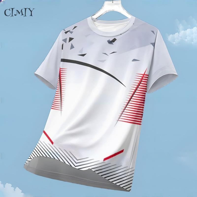 Tricou sport cu mâneci scurte, respirabil, uscare rapidă, imprimeu geometric 3D, guler rotund, poliester ușor.