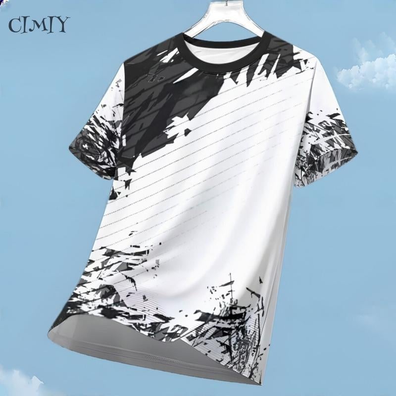 Tricou sport cu mâneci scurte, respirabil, uscare rapidă, imprimeu geometric 3D, guler rotund, poliester ușor.