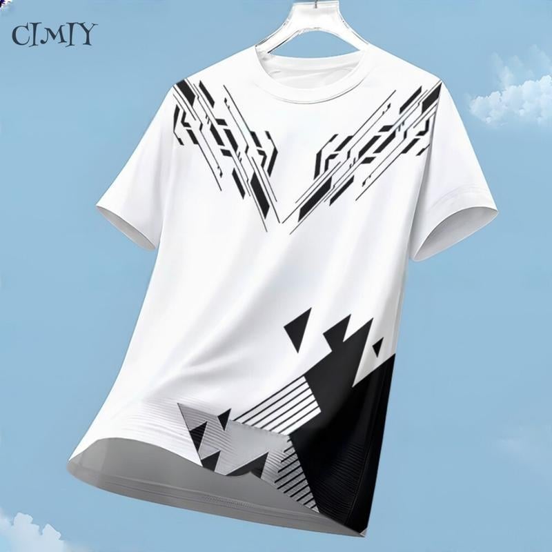 Tricou sport cu mâneci scurte, respirabil, uscare rapidă, imprimeu geometric 3D, guler rotund, poliester ușor.