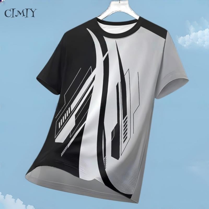 Tricou sport cu mâneci scurte, respirabil, uscare rapidă, imprimeu geometric 3D, guler rotund, poliester ușor.