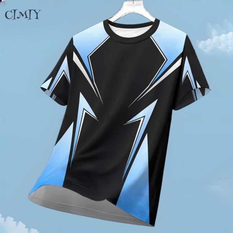Tricou sport cu mâneci scurte, respirabil, uscare rapidă, imprimeu geometric 3D, guler rotund, poliester ușor.