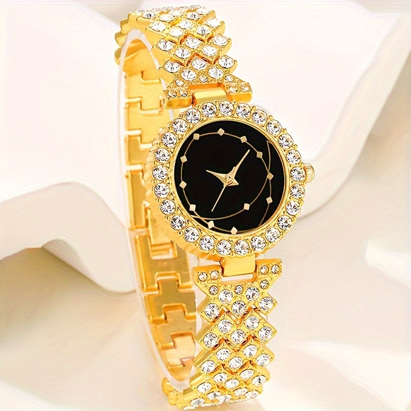Dámsky päťdielny set quartzových hodiniek s diamantovým zdobením, kruhový ciferník 37 mm, puzdro a remienok zliatiny