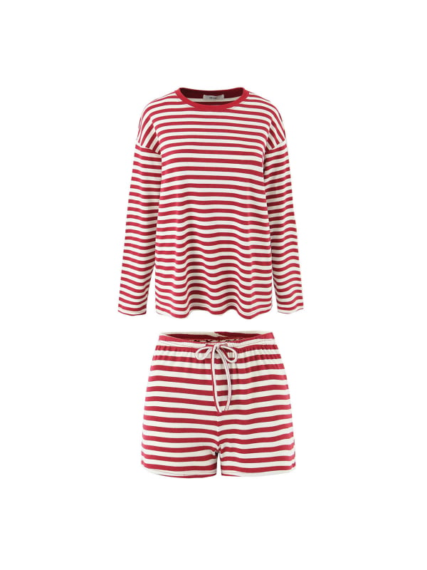 Set feminin în stil american retro, cu blocuri de culoare și dungi: tricou lejer tip T și șorturi cu talie înaltă, croi larg