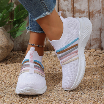 Pantofi sport slip-on pentru femei, mărime mare, casual, blocuri de culoare, guler înalt, partea superioară respirabilă Flyknit, talpă din cauciuc.