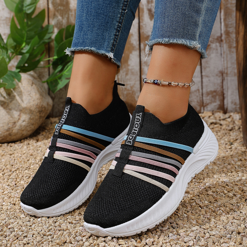 Pantofi sport slip-on pentru femei, mărime mare, casual, blocuri de culoare, guler înalt, partea superioară respirabilă Flyknit, talpă din cauciuc.