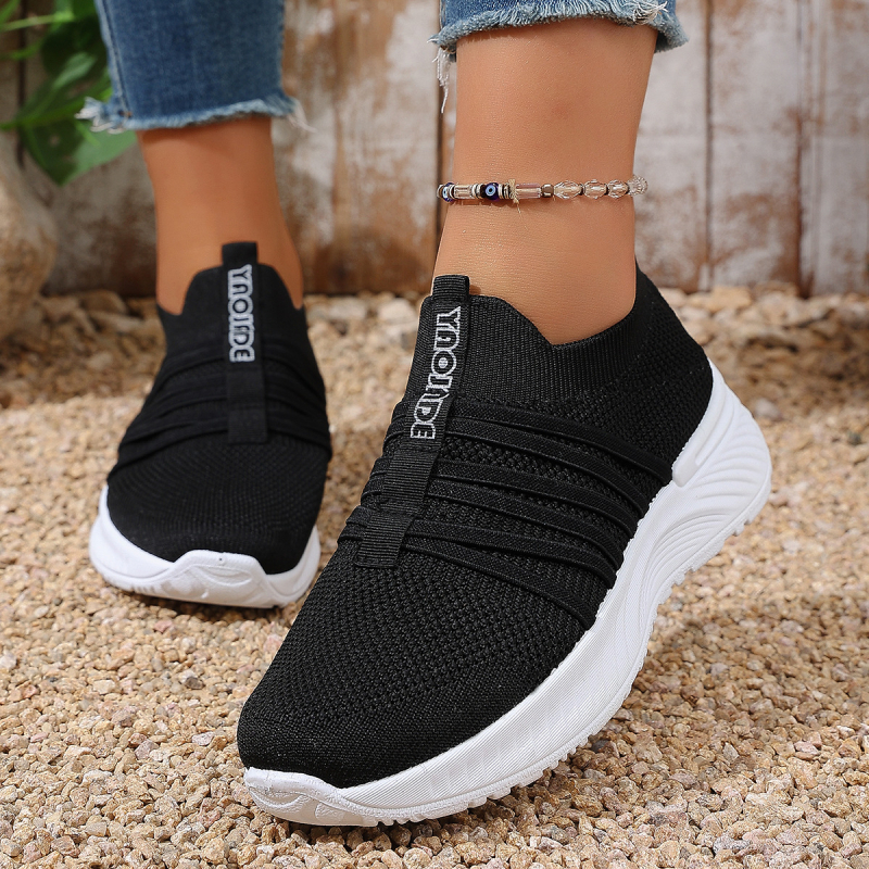 Pantofi sport slip-on pentru femei, mărime mare, casual, blocuri de culoare, guler înalt, partea superioară respirabilă Flyknit, talpă din cauciuc.