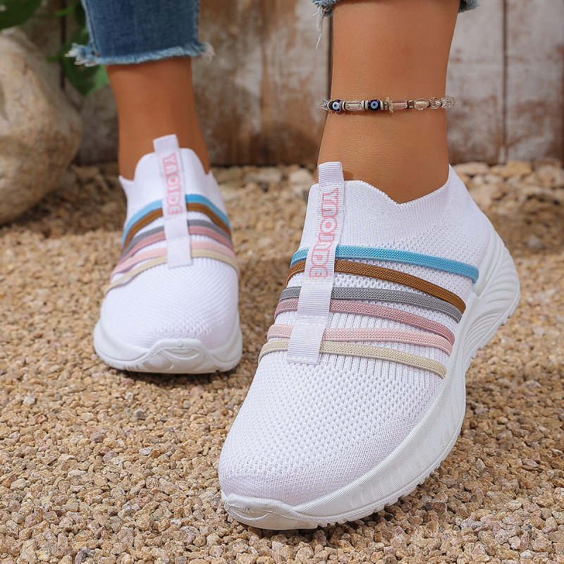 Pantofi sport slip-on pentru femei, mărime mare, casual, blocuri de culoare, guler înalt, partea superioară respirabilă Flyknit, talpă din cauciuc.