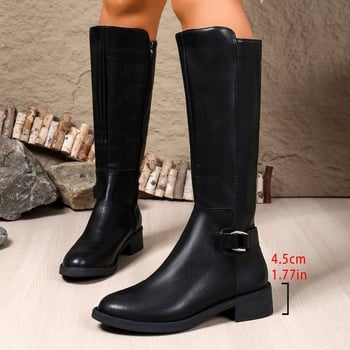 Cizme cavaler pentru femei, PU, până la genunchi, vârf rotund, toc mediu 3–5 cm, stil casual